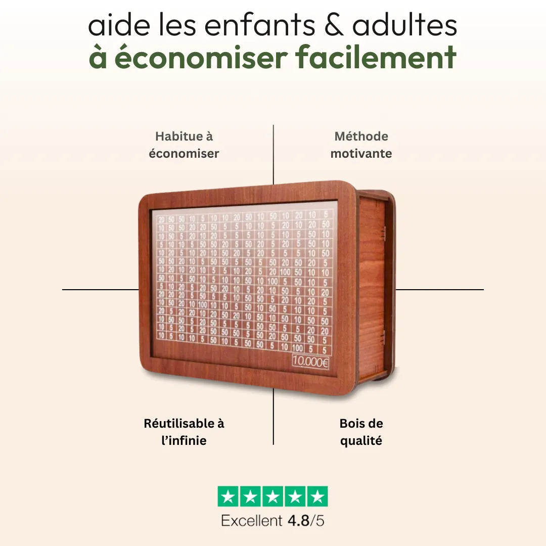 Tirelire en bois avec objectif d'épargne