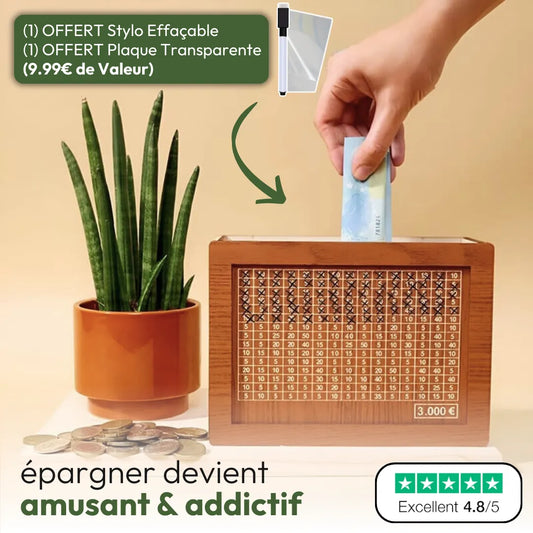 Wooden piggy bank with savings goal