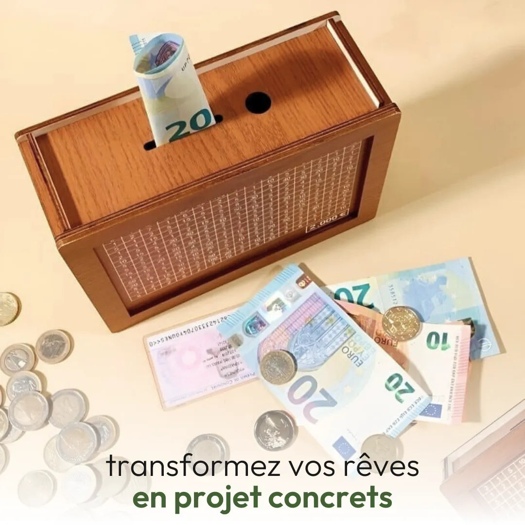 Tirelire en bois avec objectif d'épargne