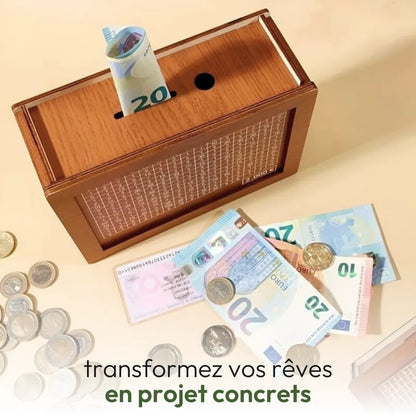 Tirelire en bois avec objectif d'épargne